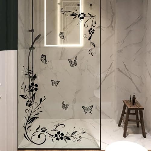 Image of Runtoo Flower Vines Wall Stickers Black Floral Anti-Collision Window Cling Decals Butterfly Glass Door Wall Decor for Bathroom Living Room Bedroom Nursery Office Decoration