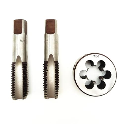 Image of AtticZone M24 x 3.0 Metric Hand Thread Tap and Die, 3.0mm Pitch, 1 Tapper Tap, 1 Plug Tap, 1 Round Die, Right Hand (M24x3.0, Tap&die)