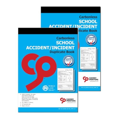 Image of Cherry Printers | Carbonless NCR | School Accident/Incident | Duplicate Book | for Pupils | GDPR Compliant | A5 (148 x 210 millimetres) | Loose Leaf Writing Shield | 50 Sets per Book | **2 Pack**