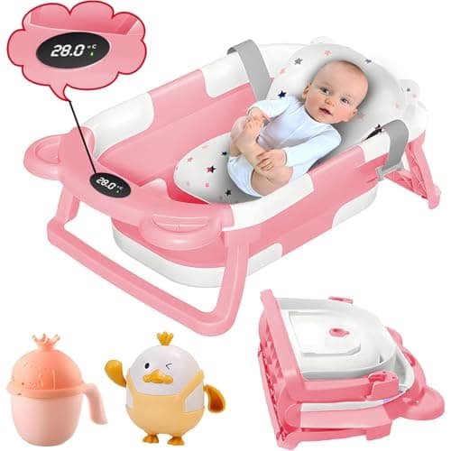 Image of MATERCUBS Collapsible Baby Bath Tub with Thermometer - Baby Bath Support for Newborn Bath - Portable Bathtub with Drain Plug for Travel - Anti Slip Tub with Shower Jug and Toy 0-24 Months (Pink)