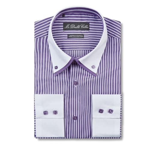Image of MrDoubleCollar Italian Design Yellow Floral Contrast Double Collar Long Sleeve Shirt (UK, Alpha, XXL, Regular, Regular, Purple Pinstripe)