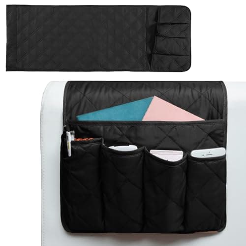 Image of UESDU Armchair Organiser, Sofa Armrest Organizer with 5 Pockets Antiskid Armchair Caddy Cotton Armchair Storage for Tablet, Phone, Pad, Book, Magazines(Black)