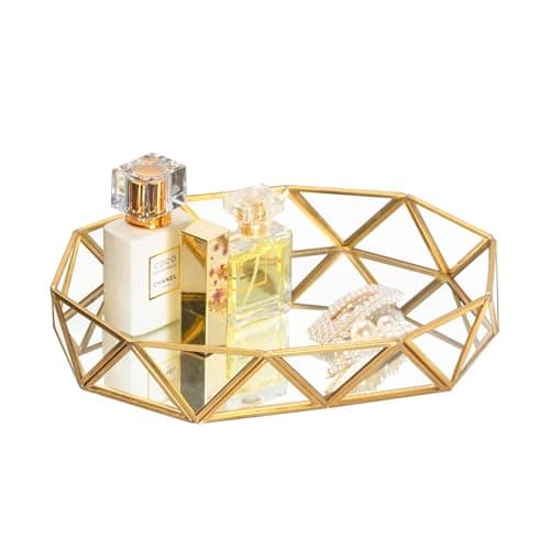Image of Feyarl Glass Mirrored Tray Gold Perfume Tray Ornate Cosmetic Makeup Vanity Trays Jewelry Display Organizer Decorative Trays for Home Decor Dresser Tabletop
