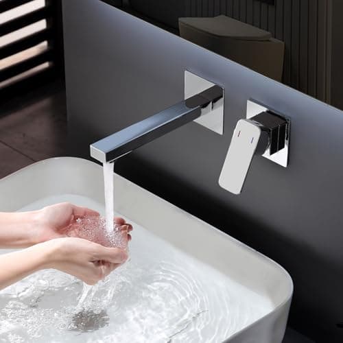Image of ROVOGO Wall Mounted Basin Mixer Tap with Concealed Stainless Steel Body 304 & Square Spout for Bath or Tub, 2-Hole Bathroom Basin Tap, Single Handle Bathroom Sink Faucet Chrome