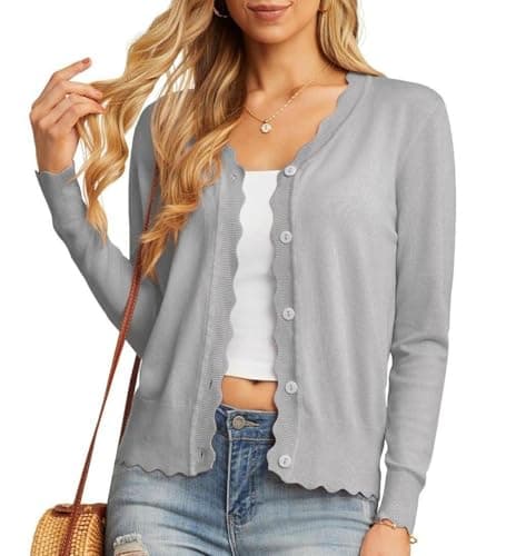 Image of GRECERELLE Women's Cardigans Knit Long Sleeve V Neck Button Down Lightweight Ladies Scalloped Shrugs Jumper Cardigan for Dress Summer Evening Wedding (Light Grey, M)