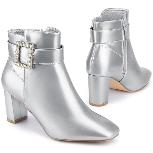 Image of Perphy Rhinestone Buckle Decor Square Toe Chunky Heel Ankle Boots for Women Silver 6 UK/Label Size 8 US