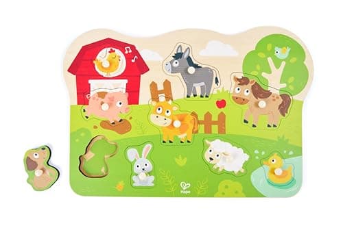 Image of Hape Farm Peg Puzzle, Wooden Puzzle with Handle Buttons for Children - Educational Toy Everything About the Farm, Motor Skills Toy from 24 Months