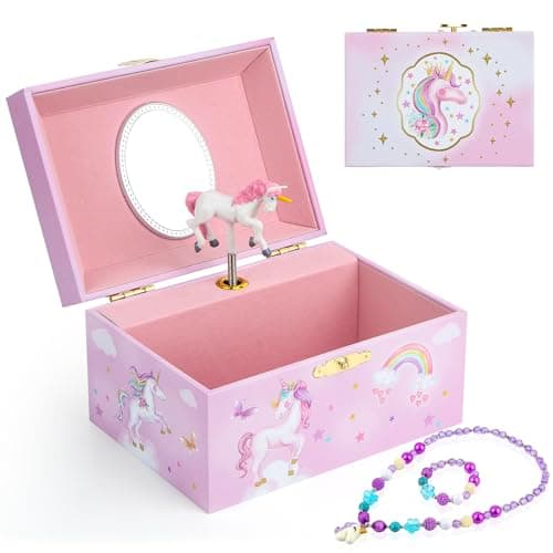 Image of Homtibrm Musical Jewellery Box for Girls with Unicorn Jewelry Set, Kids Jewellery Box Music Box with Rainbow Pony Birthday Gifts for Girls, Star Unicorn