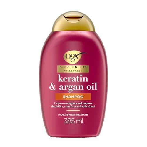 Image of OGX 5in1 Benefits Frizz Free with Keratin & Argan Oil Shampoo, Strengthens and Improves Flexibility, Tames Frizz and Adds Shine, Sulfate Free, 385ml