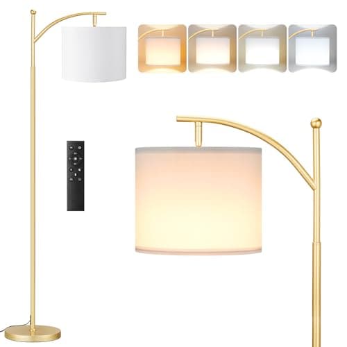 Image of Aooshine Gold Floor Lamp, 60" Modern Arc Standing Lamps with Remote Control and Stepless Dimmable Colors Temperature & Brightness, White Fabric Shade(Bulb Included)
