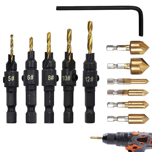 Image of 12 PCS Wood Countersink Drill Bit Set Drill Bit Sets Counter Sink Drill Bits For Wood Countersink Bits, 6 Pcs Hexagonal Shank Five-Flute Chamfer Tooland 5 Pcs Woodworking Drilling Bits 1 Wrench
