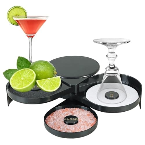 Image of DASBET 3-Tier Bar Glass Rimmer 1 Pack Salt Rimmer Bartender Tool with 3 Swing-Out Trays, Sponge Included, Black Plastic Salt & Sugar & Lime Juice Rimmer Box for Margaritas, Cocktails & More