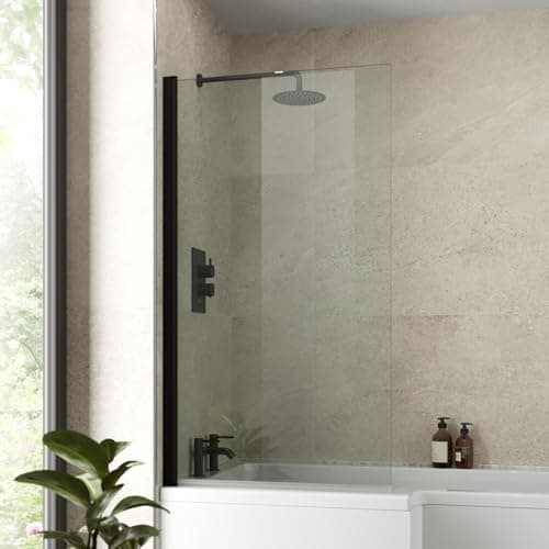 Image of Luxura® 800 x 1400mm Black Over Bath Shower Screen Folding Hinged Door Glass Panels & Screens for Baths, Bathroom Frameless Square Design, 6mm Toughened Safety Glass, 180° Pivot