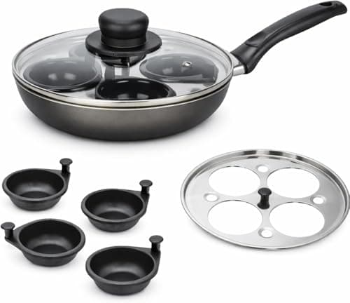 Image of GRACE KITCHEN Cookware - 4 Egg Poacher Pan Non Stick Poaching Pan 20cm, Aluminium with Glass Lid & Removable Cups, Saucepan for Gass Easy Clean Cooking