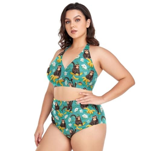 Image of CHIFIGNO Bikini Sets for Women Plus Size Two Piece Swimsuit High Waisted Bikini Sets Modest Swimwear, Monkey With Bananas on Turquoise, XL Plus