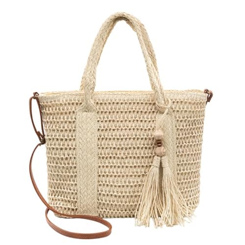 Image of Long Keeper Straw Beach Bag - Women Woven Tote Bags Summer Crossbody Shoulder Bag Raffia Handbag for Travel Vacation Shopping Picnic (Beige)
