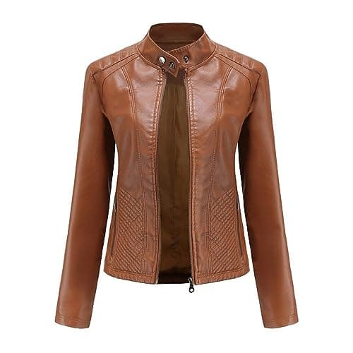 Image of YFFUSHI Women Faux Leather Bomber Jacket Moto Biker Coat Long Sleeve Jacket Zip Casual
