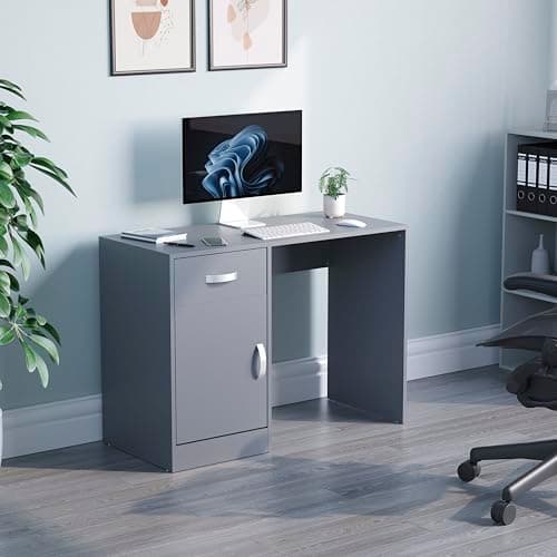 Image of Vida Designs Hudson Computer Desk with Drawer and Door, Home Office PC/Laptop Table, Gaming Study Workstation Storage Cupboard Furniture, Grey