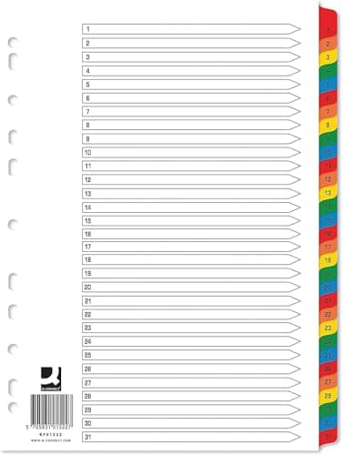Image of 1-31 Index Multi-Punched Reinforced Board Multi-Colour Numbered Tabs A4 White Binder Divider