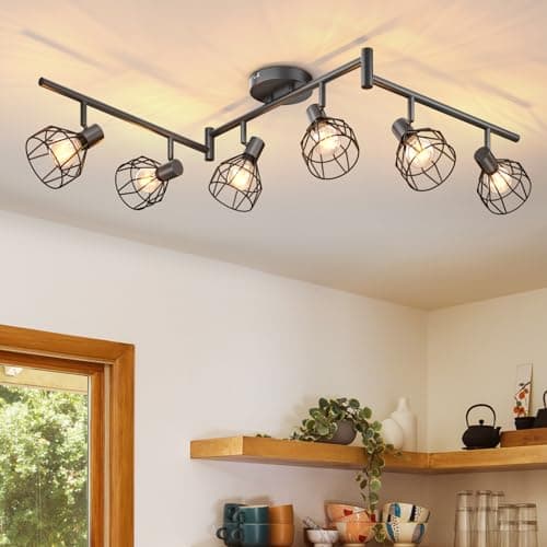 Image of Dehobo Spot Light Fittings for Ceilings Adjustable Metal Wire Cage Kitchen Spotlight with E14 Base Black 6 Way Ceiling Light Industrial for Bedroom Bar Hallway Living Room No Bulb