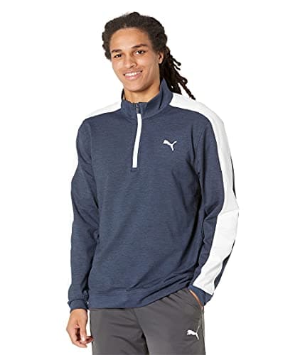 Image of PUMA Men's Cloudspun T7 1/4 Zip Pullover Sweater, Navy Blazer Heather-Bright White, S