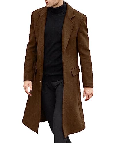 Image of ECDAHICC Men's Casual Slim Fit Wool Coat Long Jacket Notch Collar Trench Coat Single Breasted Coat Winter Warm Outerwear, Yellow-brown, L