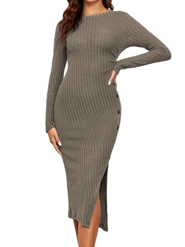 Image of Famulily Women's Casual Dresses Ribbed Pullover Sweater Dress Relaxed Fit Shift Dress Irregular Lounge Dresses Coffee M