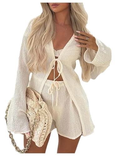 Image of GORGLITTER Womens Shorts Co Ord Sets Summer Tie Front Bell Sleeve Lightweight Cardigan Wide Leg Shorts 2 Piece Outfits White Large