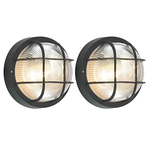Image of Britalia 2 Pack - Black & Ribbed Glass Outdoor Vintage Round Flush Bulkhead Wall Light | 180mm Diameter | IP44 Rated | 1 x ES E27 Lamp Bulb Required | Bathroom Use | UK Approved