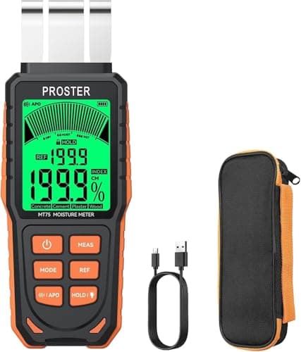 Image of Proster Rechargeable Damp Meter for Walls, Wall Moisture Meters with 5 Modes(Index, Concrete, Cement, Plaster, Wood) & 3-Colour Screen, Damp Detector with Visual & Sound Alerts Detects up to 40mm