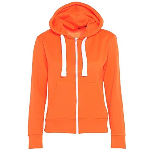Image of MALAIKA ® Ladies Plain Colour Hoodie Womens Fleece Hooded Top Zip Zipper Hoodie Sweatshirt Available in 22 Colours Plus Sizes Small-XXXXXL (UK 6-22) Neon Orange