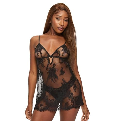 Image of Ann Summers Availing All Over Lace Chemise – Womens Nightwear with Floral Lace & Satin Binding – Flattering Chemise Lingerie with Plunge Neckline, Tie-Up Detail & Adjustable Straps – Black
