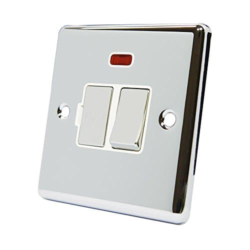 Image of AET CPCSFNWC 13 A Classical Chrome Polished Fused Switched Connection Spur Unit with Neon Indicator and White Insert Metal Rocker Switch