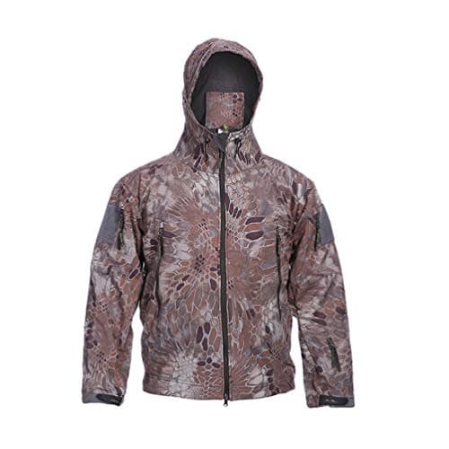 Image of Ketamyy Mens Tactical Camo Jacket Waterproof Softshell Fleece Lining Autumn Winter Outdoor Trekking Hunting Mountaineering Rainproof Hooded Coats Coffee Python Pattern S
