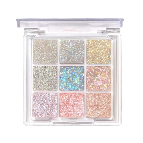 Image of Glitter Eyeshadow Palette, 9 Colours Glitter Eyeshadow White Silver Pink Purple Blue Sparkly Eye Make Up Palettes Eye Shadow Pallets for Women, Natural Highly Pigmented Shimmer Eyeshadow