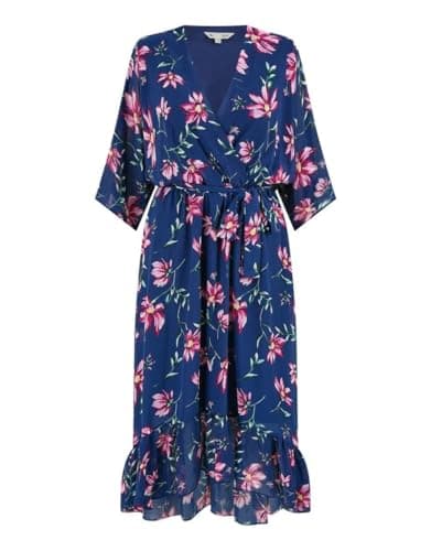 Image of Yumi Navy Floral Kimono Dipped Hem Dress (UK, Numeric, 20, Regular, Regular, Navy)