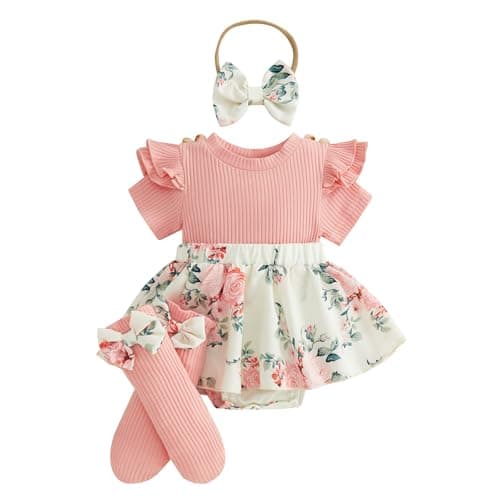 Image of Yigubigu Baby Girl Clothes Outfits Daisy Print Faux Two-piece Design Short Sleeve Plaid Romper Dress Bow Headband and Stockings Set 3Pcs (Pink, 3-6 Months)