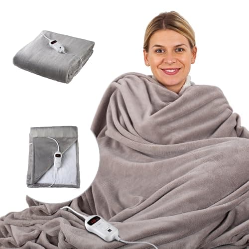 Image of SENSIOHOME Luxury Heated Throw Fast Heat Up Electric Blanket, Warm Cosy Flannel Fleece, 10 Heat Settings, Timer and Overheat Protection, Machine Washable, Digital Remote, Grey