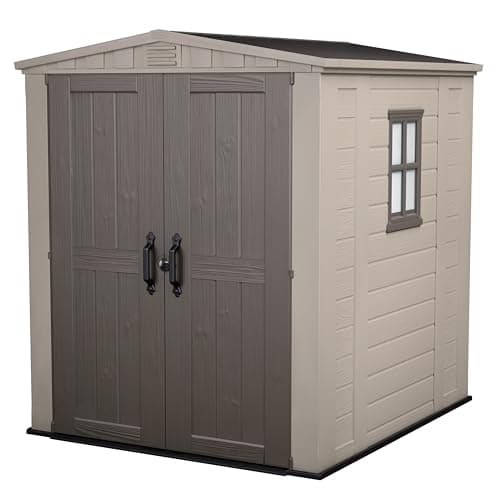 Image of Keter Factor 8x8 Foot Large Resin Outdoor Shed with Floor for Patio Furniture, Lawn Mower, and Bike Storage, Taupe & Brown