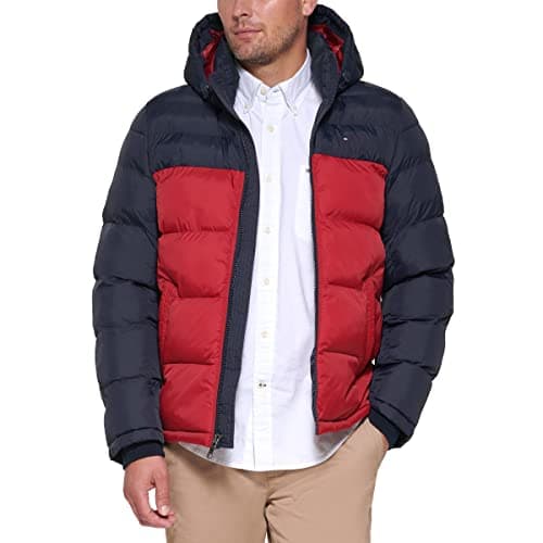 Image of Tommy Hilfiger Men's Hooded Puffer Jacket Down Alternative Coat, Midnight/Red Color Block, XL