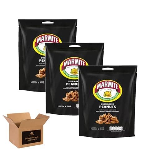 Image of Marmite Flavoured Oven Baked Peanuts 190g - Pack 3- Yeast Extract Potato Crisp | Vegan, Rich in Vitamin B| Crunchy British Snack, Bold Umami Flavour | Lunchbox Snack (Oven Baked Peanuts 190g x 3Pack)