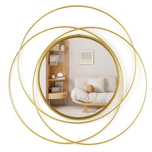Image of CROWNSHOP Wall Mounted Mirror Round Gold Art Classic Large Metal Mirror Decor Hanging for Home Decor Living Room Bedroom Bathroom Entryway(Gold Round 50x50cm)
