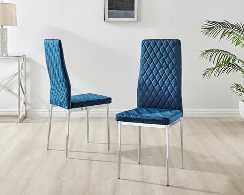 Image of Furniturebox UK Milan Dining Chair Set - 4 Premium Contemporary & Luxurious Chrome Hatched Diamond Velvet Seats (Navy Blue With Silver Legs)