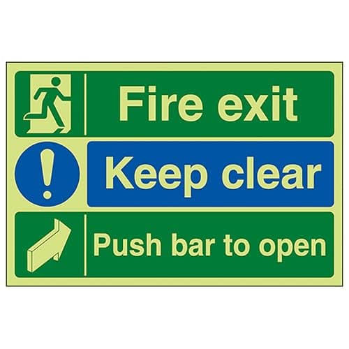 Image of V Safety GITD Fire Exit/Keep Clear/Push Bar To Open 300 x 200 mm - Glow In The Dark 1mm Rigid Plastic Safety Sign