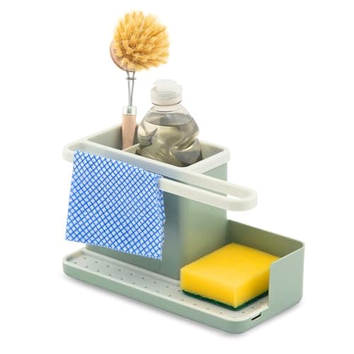 Image of simplywire – Sink Tidy/Caddy – Kitchen Sink Organiser – Removable Drip Tray – Non-Slip - Sage Green & White