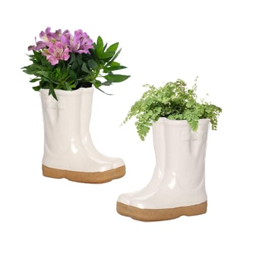 Image of Dibor Plant Pot Set of 2 Indoor/Outdoor House Garden Plant Wellington Boot Flower Planter Pots Ceramic Planters Wedding Anniversary Fathers Day Gardening Gift