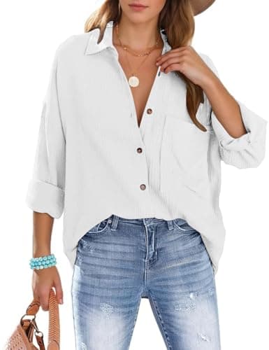 Image of Lonya Womens Shirts Oversized Blouse Long Sleeve Button Down, Ladies Cotton Tops with Pocket, V Neck Blouses Roll-up Loose Fit Tunic T Shirts Business Casual Elegant, White, XL