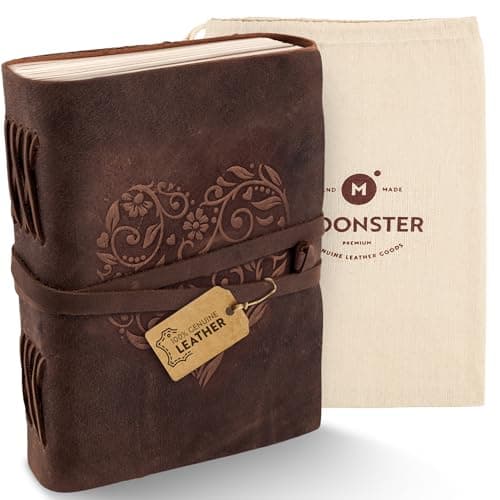 Image of moonster Vintage Leather Journal Notebook Embossed Heart Cover – Refillable Leather Bound Writing Journal for Journaling, Drawing Sketchbook, Diaries, Travel Size Notebook for Men & Women, Lined 8x6