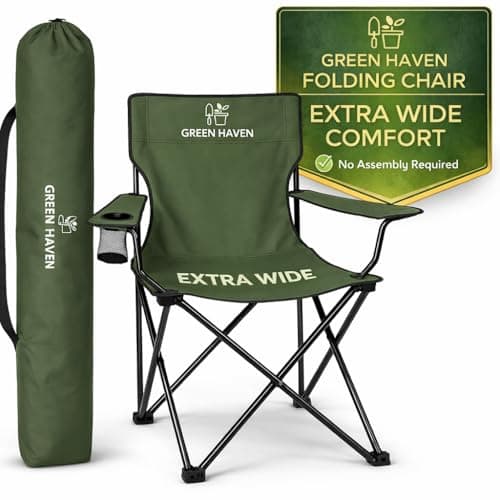 Image of Green Haven Folding Camping Chair with Cup Holder & Carry Bag – Lightweight Portable Outdoor Chair, Heavy Duty Steel Frame, Padded Headrest, Wide Seat for Camping, Festival, Garden, Fishing