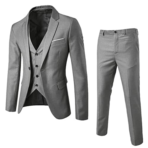 Image of Mens Solid 3-Piece Suit One Button Slim Fit Tuxedo Blazer Dress Business Wedding Party Jacket Vest & Pants(Grey,Small)